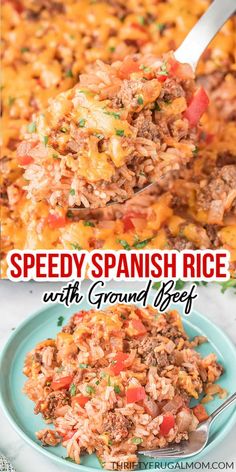 a close up of a plate of mexican rice with ground beef