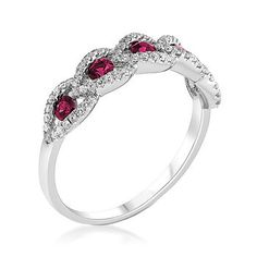 Ross-Simons - .50ct t. w. Ruby, .23ct t. w. Diamond Band Ring in 18kt White Gold. Size 7. Flaunting a fabulous fusion of sparkle and color, this band ring presents five radiant .50 ct. t. w. round rubies inside luminous .23 ct. t. w. round brilliant-cut diamond halos. Crafted in 18kt white gold. 3/16" wide. Diamond and ruby band ring. Ruby birthstones are the perfect gift for July birthdays. Formal Ruby Ring With Pave Setting And Round Cut, Formal Ruby Ring With Cubic Zirconia In Round Band, Formal Cubic Zirconia Ruby Ring With Round Band, Ruby Ring With Pave Setting And Diamond, Ruby Ring With Diamond Pavé Setting, Formal Cubic Zirconia Ruby Ring, Formal White Gold Ruby Ring With Pave Setting, Brilliant Cut Cubic Zirconia Ruby Ring For Anniversary, Red Diamond Ring With Pave Setting For Anniversary