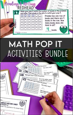 the printable math pop it activities bundle is shown in purple and green with text overlay