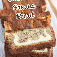 slices of chocolate banana bread stacked on top of each other with the title above it