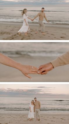 a couple holding hands while walking on the beach