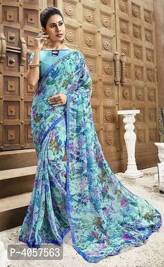 Saree Blue, Chiffon Sarees, Casual Office Wear, Designer Sarees Online, Printed Saree, Chiffon Material, Lace Border