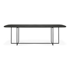 an oval table with black metal legs and a rectangular top, against a white background