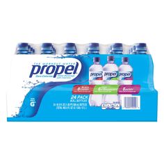 six bottles of propel water are shown in this image, one is blue and the other