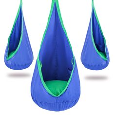 two blue and green hanging hammocks on white background