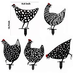 four black and white hens with polka dot designs on them, standing in the same direction