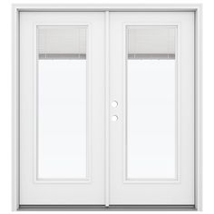 a white double door with blinds on the top and side panels, in front of a white background