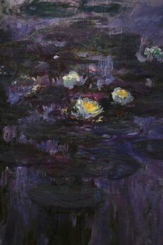 an oil painting of water lillies on a dark background