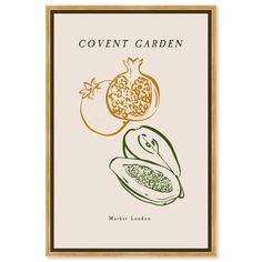 a card with the words covent garden written on it and an image of a pomegra