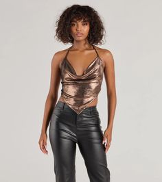 Flashy and fierce, level up your going-out look with this metallic foiled knit crop top! It features a sleeveless draped cowl neckline, halter spaghetti straps with a tie-back design, an alluring open back with lower tie-back straps, and a cropped hanky hem.Fit & FeaturesMetallic foiled knit fabric, plenty of stretchCowl necklineHalter spaghetti straps, tie-back designOpen back, lower tie-back strapsCropped hanky hemForm-hugging fitRuns true to size Orange Homecoming Dresses, Purple Homecoming Dress, Backless Dress Short, Green Homecoming Dresses, Beach Wedding Guest Dress, Lace Dress Styles, White Homecoming Dresses, Homecoming Outfits, Red Homecoming Dresses