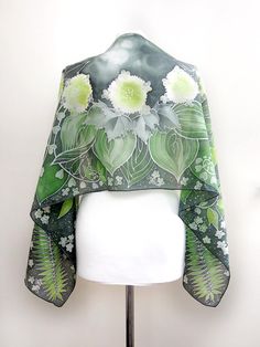 The Forest silk scarf is a hand painted silk wrap dedicated for women who loves greenery and nature. This green scarves is a perfect addition to your St. Patrick Day outfit! The Forest silk scarf was designed by me, to represent leafs and white flowers arranged as spread wings. This green wrap will look lovely as a shoulder scarf, when the snowball tree flowers are visible, creating moon shaped ornament. The fern and Solomon's seal and other leafs are placed in a feathers like composition. This St Patrick Day Outfit, Forest Elves, Solomon Seal, Silk Painting Techniques, Fern Forest, Green Silk Scarf, Polish Artist, Elves Fantasy, Leaf Scarf