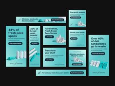 four different ads for toothbrushes and toothpaste on a black background with blue accents