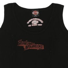 a black tank top with the words harley davidson on it's chest and red lettering