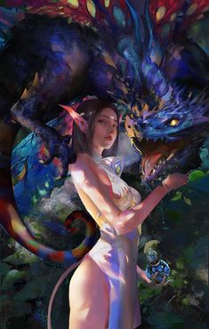 a painting of a woman with dragon wings on her head and body, surrounded by other creatures