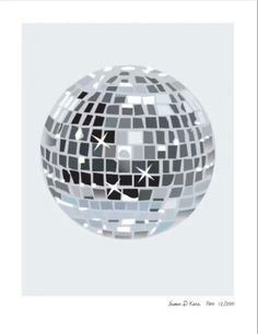 a mirror ball with white and black squares on the surface, in front of a light blue background