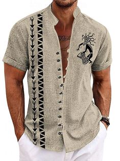 Men's 20%Linen+20%Cellulose+60%Polyester Shirt Tribal Bandana Print Short Sleeve Turndown Blue, Green, khaki Shirt Daily 2024 - $22.99 Mens Business Casual Outfits, Mens Printed Shirts, Mens Business, Khaki Shirt, Long Sleeve Fashion, Polyester Shirt, Linen Shirt Men