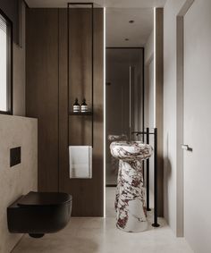 a modern bathroom with marble sink and toilet