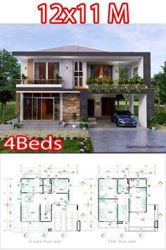 two story house plan with 4 beds and 2 bathrooms in the same area, it is very