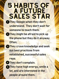 the five habitts of a future sales star info graphic with gold stars and text