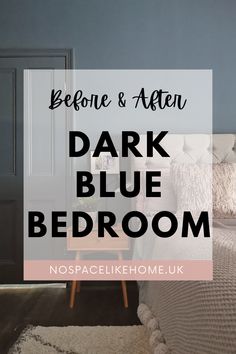 Dark blue bedroom with cosy rug and text overlay saying 'Dark Blue Bedroom'