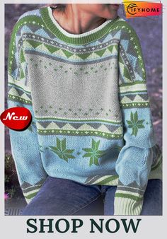 Women Casual Long Sleeve Round Neck Sweater Green Retro Winter Tops, Retro Green Winter Tops, Plus Size Sweater, Round Neck Sweater, Round Neck Sweaters, Plus Size Sweaters, Unique Designers, Neck Sweater, Casual Women