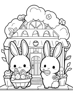 Easter Bunny in a cozy home, kawaii style line art Kawaii Line Art, Kawaii Colouring Pages, Kawaii Coloring Pages Free Printable, Coloring Pages Easter, Bunny Coloring, Easter Coloring Book, Disney Princess Coloring Pages