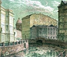 an old drawing of a city with buildings and a bridge over a river in the foreground