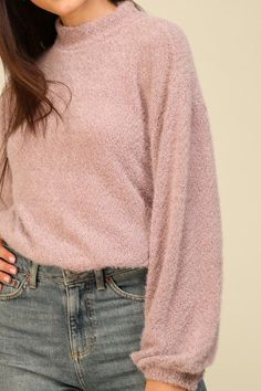 This mauve long sleeve knit sweater features a mock neck and eyelash detail. Model Measurements: Height 5'8", Bust 32, Waist 22, Hips 34. Wearing a size Small. Fuzzy Sweater, Long Sleeve Knit Sweaters, Another Day, Sweater Sale, Long Sleeve Knit, Mock Neck, Knit Sweater, Knitted Sweaters, Turtle Neck