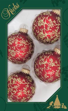 three red and gold christmas ornaments in a card with the words holidays written on it