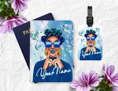 two luggage tags with an image of a woman wearing sunglasses and the words your name on them