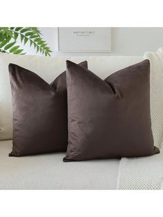 two brown pillows sitting on top of a white couch next to a potted plant