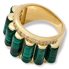 Rarities Gold-Plated Malachite and White Zircon Barrel Band Ring  For a one-of-a-kind custom look, this green malachite ring checks all the right boxes. With gorgeous green malachite in unique cylindrical shapes lined up across a gold-plated band ring and finished with sparkling white zircons, this luxurious piece is one you'll be wearing for many years to come!       Approx. 5/8"L x 1-1/16"W x 3/16"H; shank 3/16"W     Stamped .925; 22-24K yellow gold plating     Band ring has seven cylindrical shapes of green malachite stones set vertically, side by side, across top section     Top section outlined with round, white zircon stones   Stone Information       All sizes and weights approximate     Total Carat Weight: 0.75ct     Green Malachite - Barrel; (10.5x4mm, 11x4mm, 9.5x4mm)     White Zi Luxury Green Rings With Stone Setting, Luxury Rings With Stones, Luxury Gold Malachite Ring, Luxury Multi-stone Emerald Jewelry, Elegant Round Malachite Jewelry, Luxury Malachite Ring, Gold Malachite Jewelry Hand-strung, Luxury Malachite Jewelry, Luxury Round Malachite Jewelry