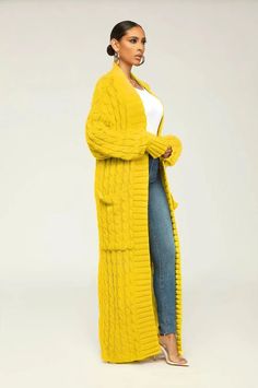 F00143371-202 Yellow Casual Cardigan With Pockets, Casual Yellow Cardigan With Pockets, Yellow Winter Cardigan With Pockets, Winter Knit Sweater, Chique Outfits, Winter Vest