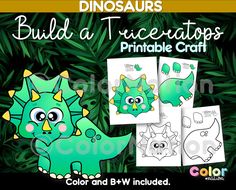 an image of dinosaurs with green leaves in the background and text that says build a triceatos printable craft