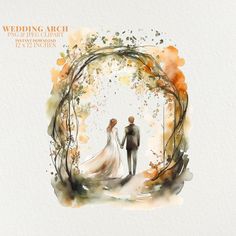 a watercolor painting of a bride and groom holding hands under an arch made of trees