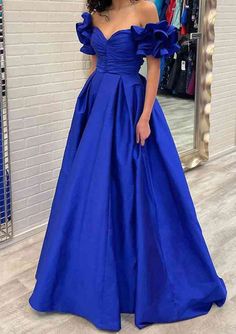 STACEES is professional designer and manufacturer online for made to order Ball Gown Off-the-Shoulder Short Sleeve Taffeta Sweep Train Prom Dress With Pleated Ruffles (S10236335P), more new style,more best CHOICE! Blue Satin Prom Dress, Extra Heels, Sweep Train Prom Dress, Simple Prom Dress, Formal Dresses With Sleeves, Satin Evening Dresses, Mode Abaya, Blue Evening Dresses, Custom Size Dresses