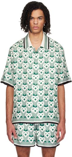 Silk twill shirt. Graphic pattern printed throughout. · Open spread collar · Concealed button closure · Patch pocket at chest Supplier color: Heart monogram Golf Pattern, Heart Monogram, Hawaii Shirts, Printed Silk Shirt, Color Heart, Twill Shirt, Mens Wear, Print Trends, Hawaii Shirt