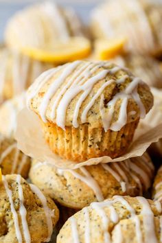 lemon poppy seed muffins with icing on top