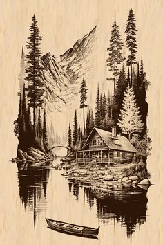 a drawing of a cabin on the shore of a lake with a boat in it