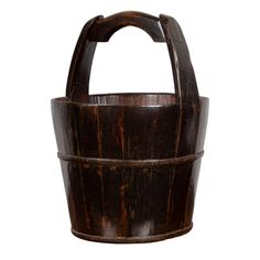 an old wooden bucket with handle on a white background