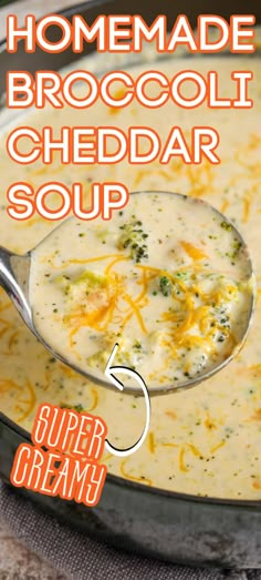 homemade broccoli cheddar soup in a skillet with text overlay