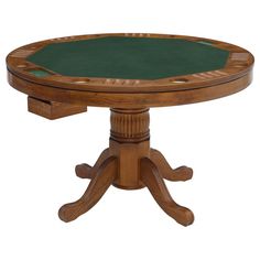 a wooden table with a green cloth on it's top and four leg bases