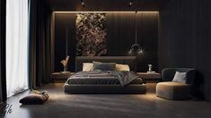 a modern bedroom with black walls and flooring