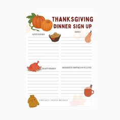 a thanksgiving dinner sign up with pumpkins and other items