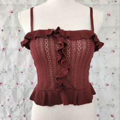 Stretchy, Square Neck, Eyelet Sweater Knit Tank With Ruffle Accents. The Straps Are Super Long But Can Be Discreetly Stitched Shorter Or Cut To Be A Tube Top. Nwot In Perfect Condition. Labled Size Small 13" Width 11" Pit To Hem 90s Y2k Boho Sleeveless Knit Top With Ruffles, Fitted Sleeveless Knit Top With Ruffles, Fitted Sleeveless Ruffle Knit Top, Summer Knit Top With Ruffles, Fitted Zara Pointelle Knit Top, Eyelet Sweater, Y2k Boho, Knit Tank, Sweater Knit