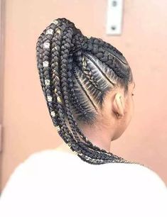 Beaded Ghana Braids Ponytail Ghana Braids Ponytail, Triangle Part Braids, Ghana Braids Hairstyles, Triangle Braids, Triangle Box Braids, Two French Braids, Braids Ponytail, Blonde Box Braids