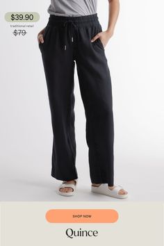 Looks like effortless style. Feels like pajamas. We love these wide-leg linen lounge pants from our best-selling European linen collection for casual work days, lazy weekends, and vacation vibes. Relaxed fit, elastic waistband, drawstring, and functional front pockets (obvi).  | Quince | Women's 100% European Linen Wide Leg Pants in Black, Size Medium Linen Lounge Pants, Linen Lounge, Linen Wide Leg Pants, Silk Tee, Linen Collection, Vacation Vibes, Linen Tank, Wide Leg Linen Pants, European Linens