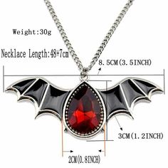 Crystal Vampire Bat Necklace – Wyvern's Hoard Gothic Red Necklace For Cosplay, Red Gothic Necklace For Cosplay, Gothic Red Jewelry For Halloween, Red Gothic Jewelry For Halloween, Vampire Style Necklaces For Halloween Cosplay, Vampire Style Necklace For Halloween, Black Vampire Pendant Jewelry, Black Vampire Style Pendant Jewelry, Bat Necklace