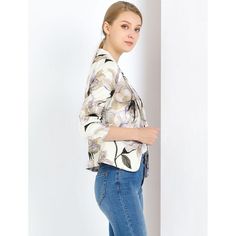 Create a modern sleek look even at the office with this stunning cropped blazer jacket. This smart collarless blazer features an angled hem which is shorter in the back for a fashionably cool look. An open-front design for showing your amazing top inside. The jacket offers a versatile piece for effortless layering looks. Pair it with jeans and sneakers for a casual look. Filled with contemporary takes on classic summer prints, great for office and causal wear, both professional and fashionable. Spring Office Lady Blazer With Notch Lapel, Tailored Spring Blazer For Office, Spring Office Lady Outerwear, Elegant Cropped Spring Blazer, Tailored Spring Outerwear For Office, Tailored Office Lady Outerwear For Spring, Tailored Outerwear For Spring Business Wear, Tailored Cropped Jacket For Business Casual Spring, Spring Cropped Blazer For Business Casual