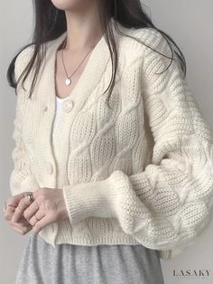 Lasaky - Womens Casual V-Neck Button Front Twist Knitted Cardigan Sweater: Ideal for Fall and Winter Fashion Winter Button-up V-neck Sweater With Buttons, Winter V-neck Sweater With Button Closure, V-neck Winter Sweater With Button Closure, Cream V-neck Cardigan With Buttons, Cream V-neck Sweater With Buttons, Korean Crochet, Outfit Ideaa, Ootd Korean Style, Ootd Korean